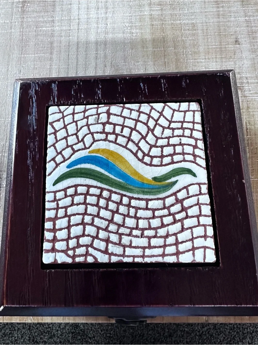 Handcrafted Dark Wood Jewelry Box with Decorative Tile